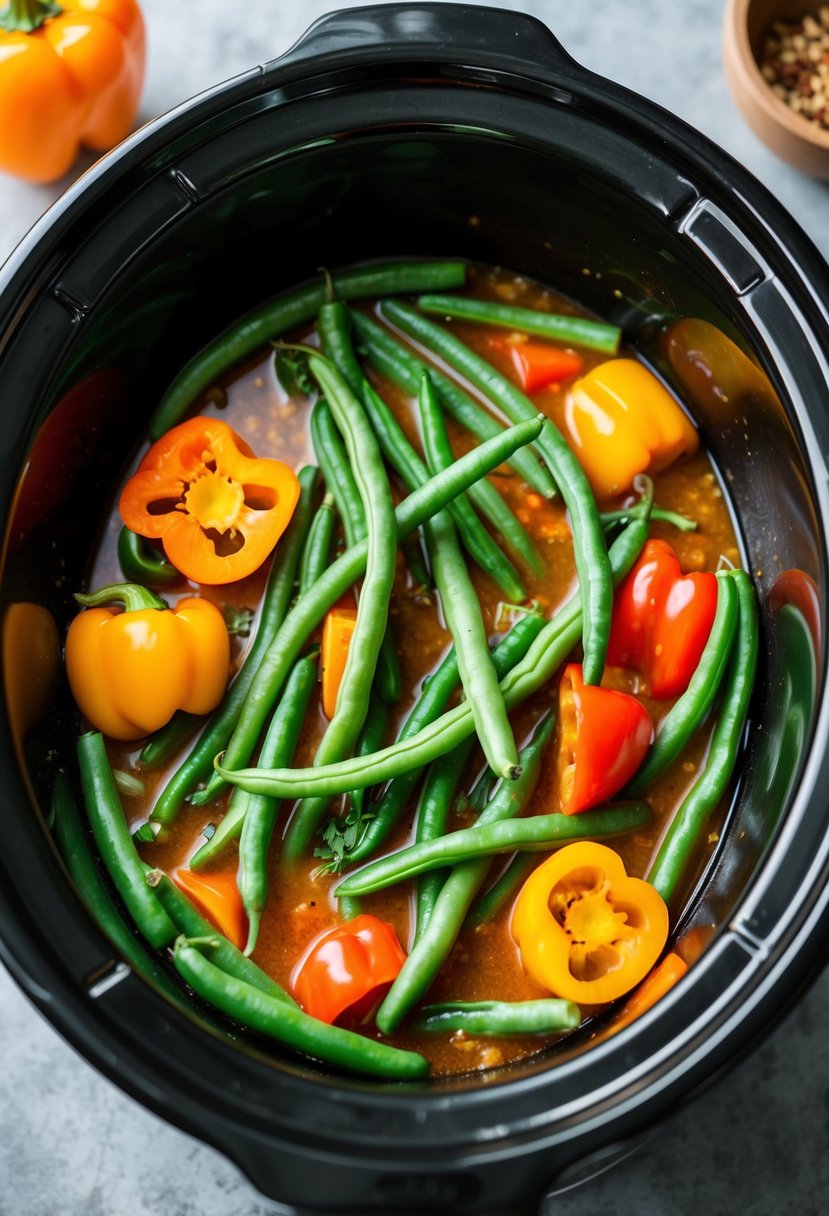 Fresh green beans and colorful bell peppers simmering in a crockpot with a flavorful Asian-inspired sauce