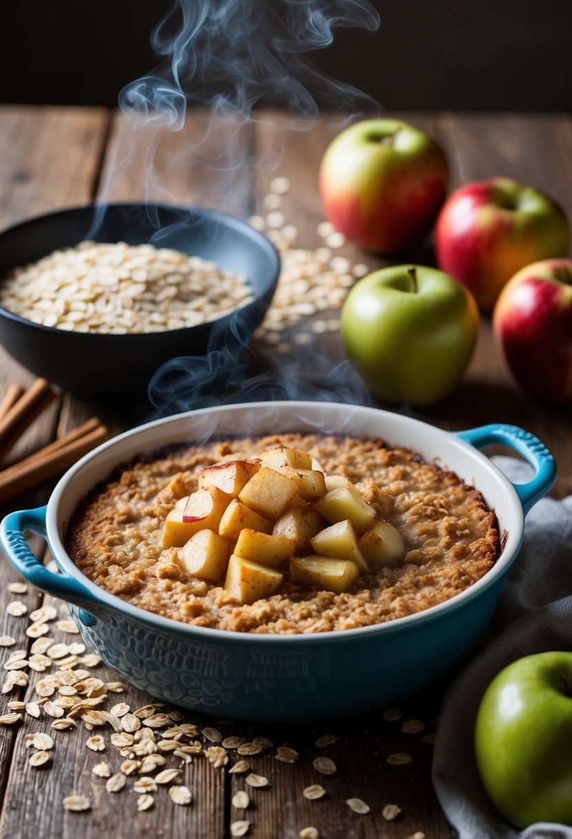 A rustic kitchen table with a steaming dish of apple cinnamon baked oatmeal surrounded by scattered oats and fresh apples