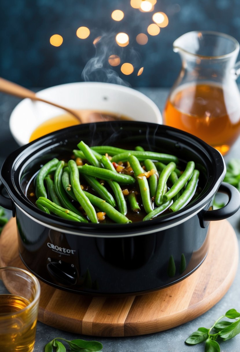 Fresh green beans simmer in a crockpot with honey and balsamic vinegar, emitting a savory aroma