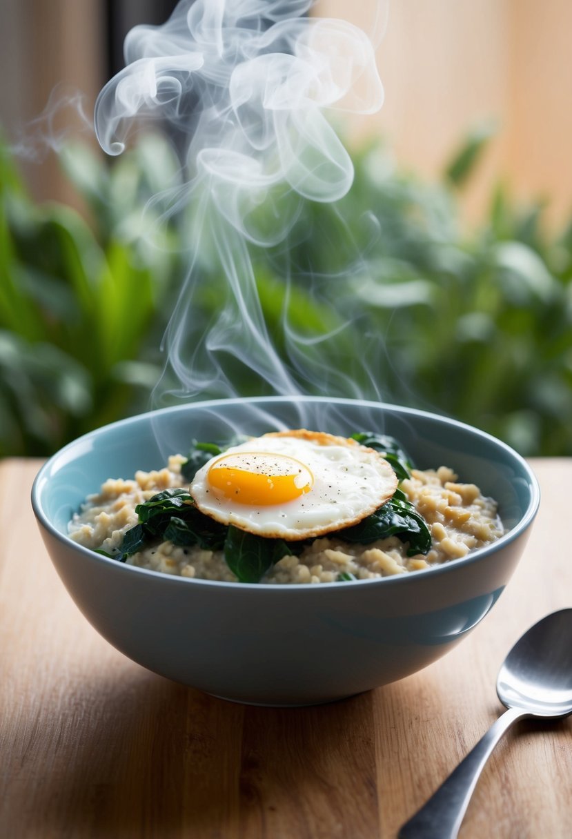 A bowl of savory oatmeal topped with sautéed spinach and a perfectly fried egg, steam rising from the dish