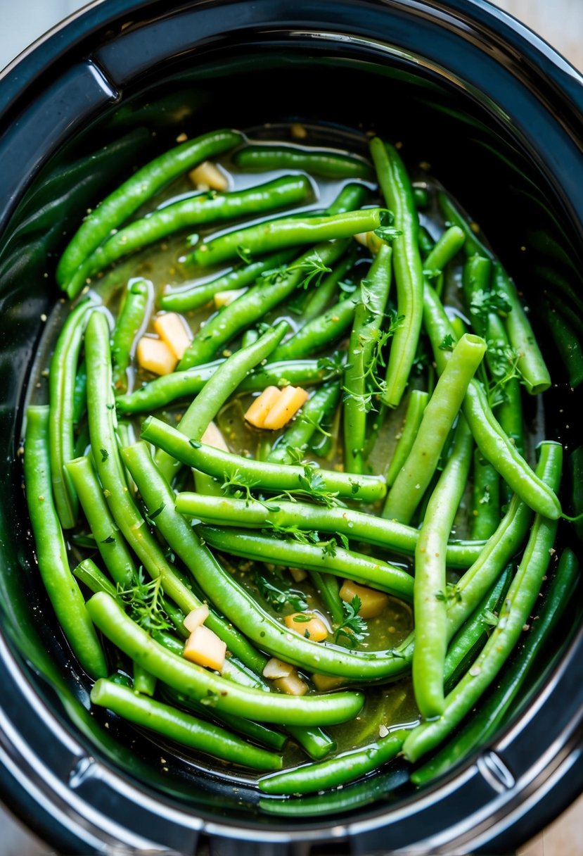 Fresh green beans mixed with minced garlic and herbs, simmering in a crockpot