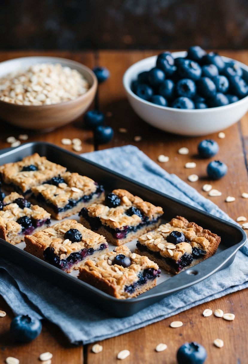 A rustic kitchen counter with a tray of freshly baked blueberry almond oat bars, surrounded by scattered oats and a bowl of ripe blueberries