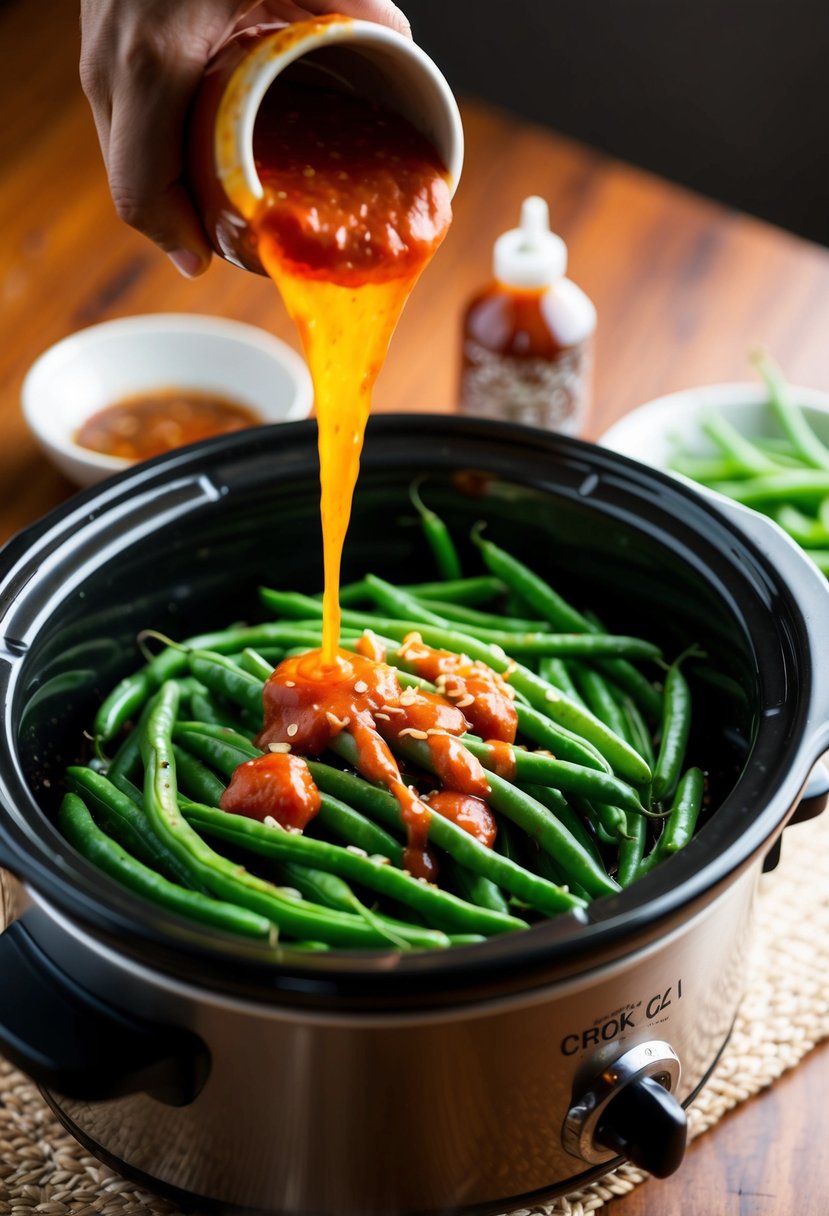 Fresh green beans sizzling in a crockpot with a generous drizzle of spicy Sriracha sauce