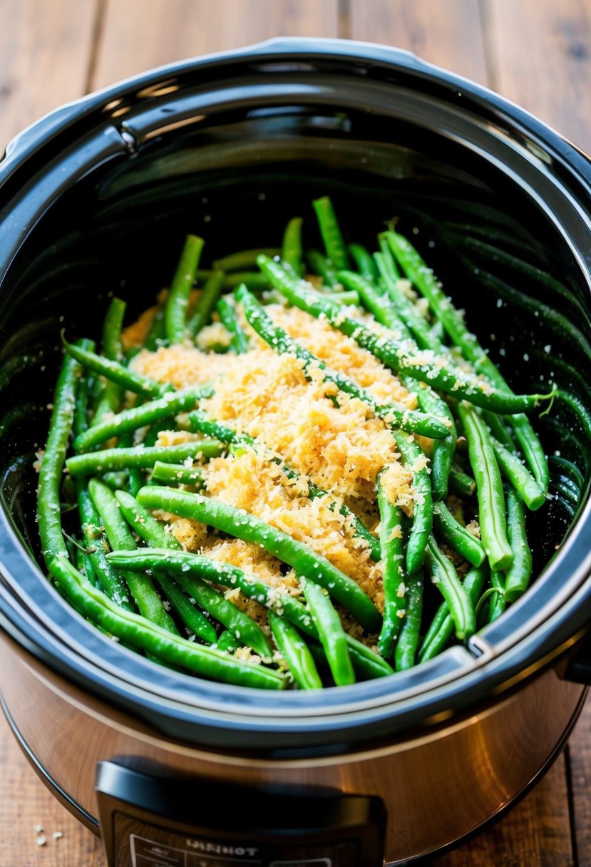 A crockpot filled with fresh green beans topped with Parmesan and Panko breadcrumbs