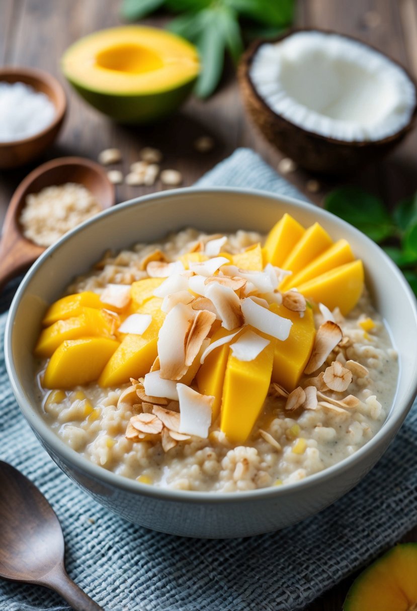 A bowl of oatmeal topped with coconut shreds and mango slices, surrounded by fresh ingredients and a rustic wooden spoon