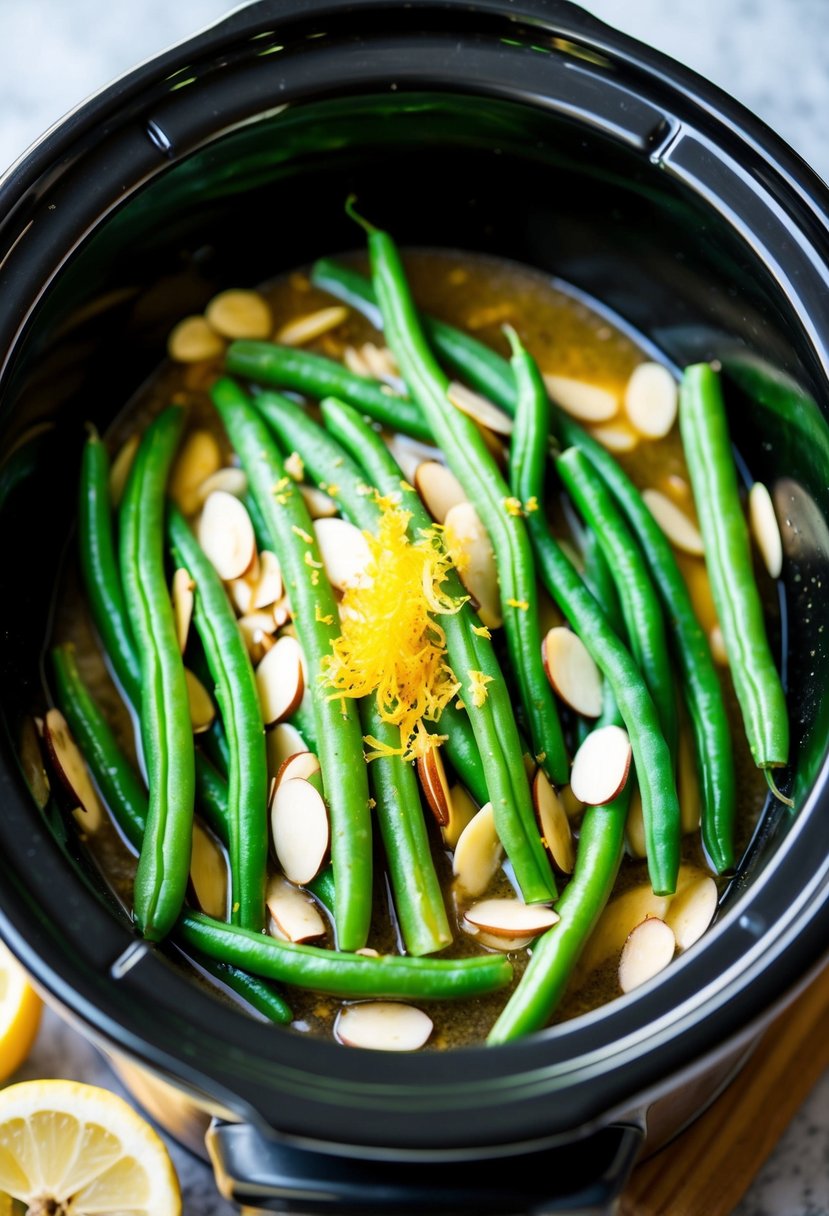 Fresh green beans and sliced almonds sizzling in a crockpot, with a hint of lemon zest sprinkled on top