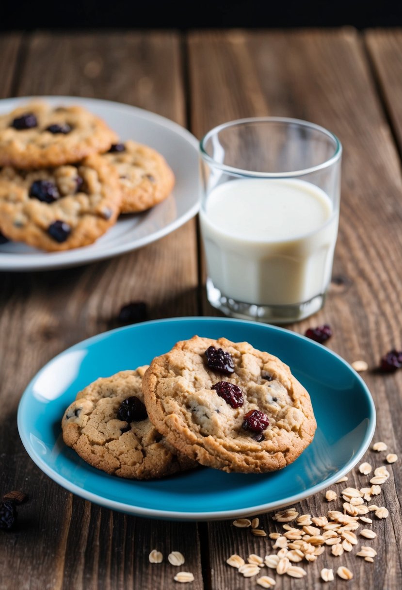 A wooden table with a plate of freshly baked oatmeal raisin cookies, a glass of milk, and a scattering of oats