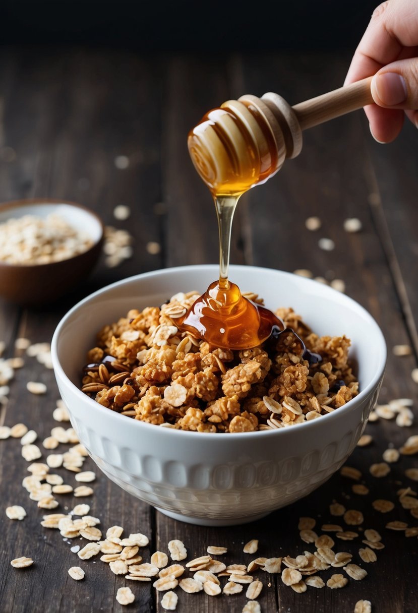 A bowl of crunchy granola topped with drizzled honey and oats, surrounded by scattered oats and a honey dipper