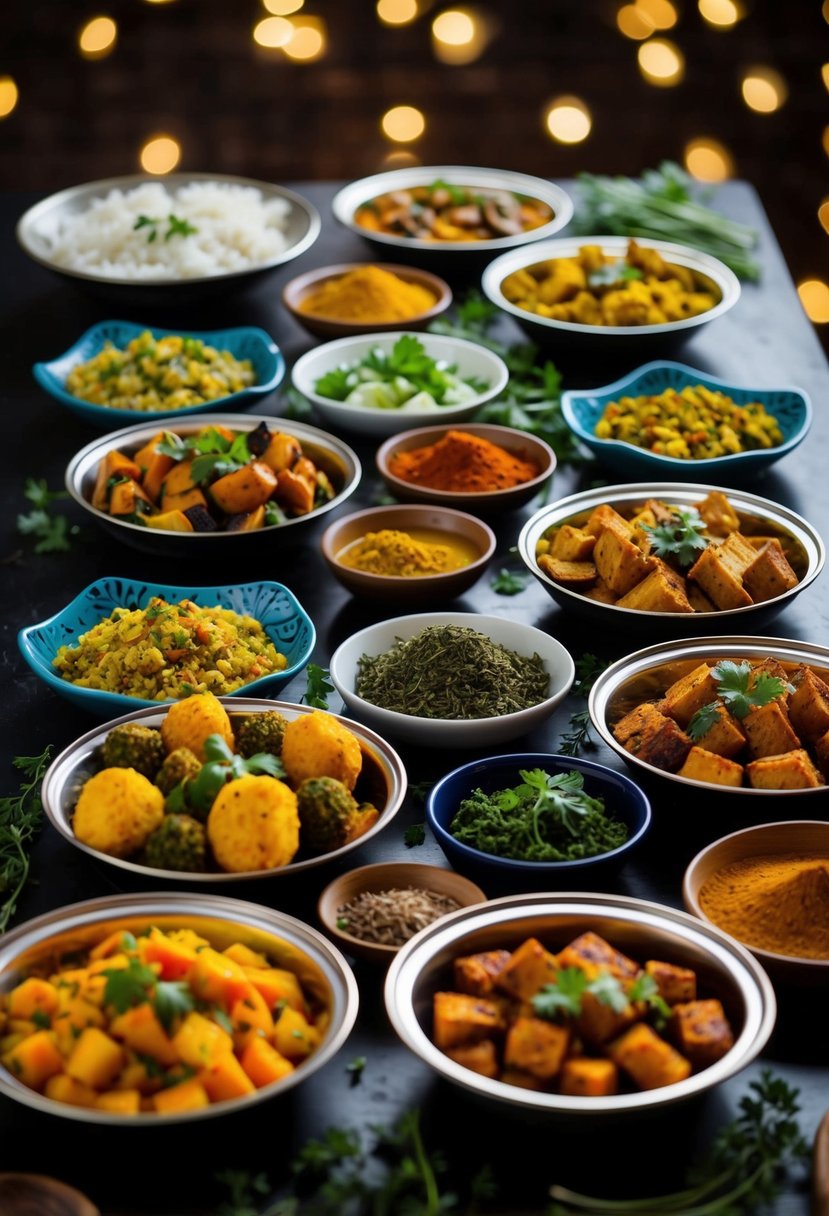 A table set with various colorful and aromatic tandoori vegetarian dishes, surrounded by spices and herbs