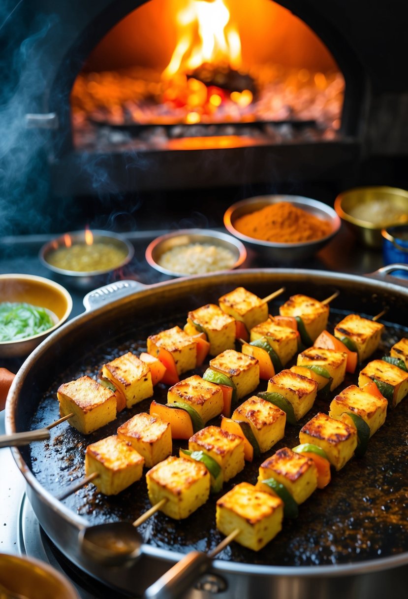 A sizzling platter of paneer tikka skewers cooking in a tandoori oven. Vibrant colors and aromatic spices fill the air