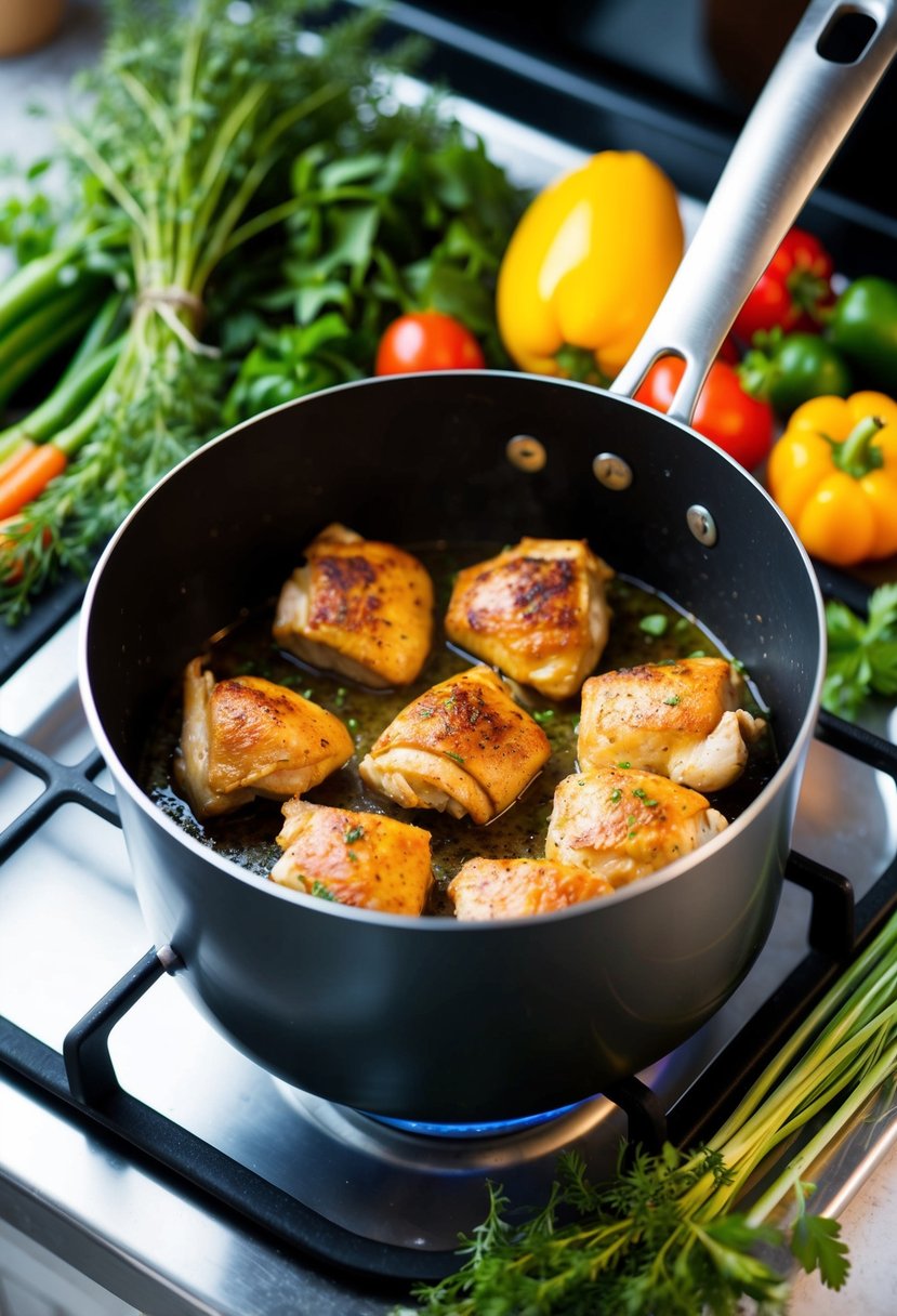 A pot on a stovetop with sizzling chicken pieces, surrounded by fresh herbs and colorful vegetables