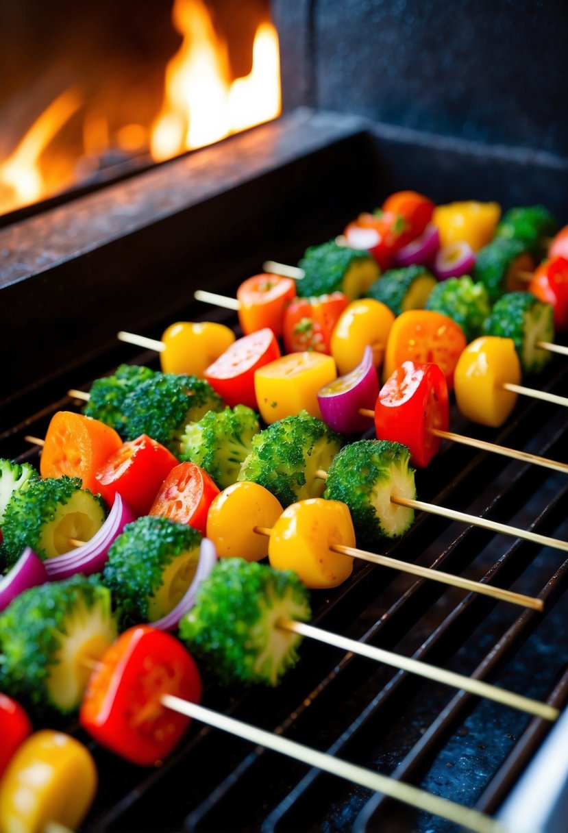 A colorful assortment of marinated vegetables skewered on metal sticks, ready to be cooked in a tandoori oven