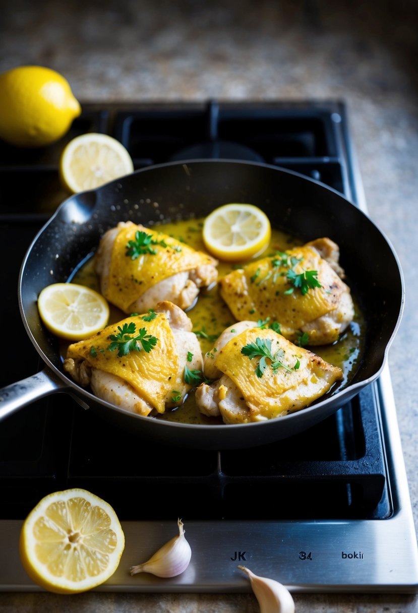 A sizzling skillet with lemon garlic chicken cooking on a stovetop. Lemon slices and garlic cloves scattered nearby