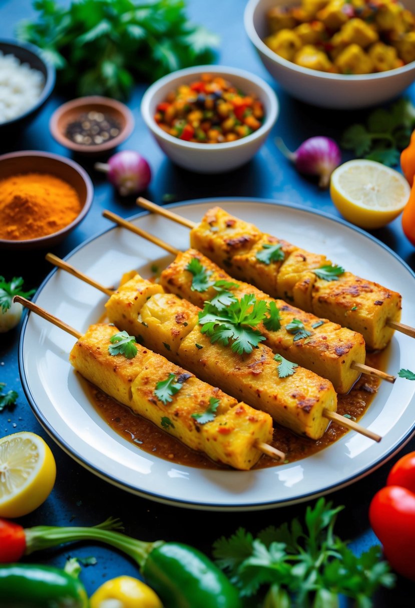 A plate of sizzling Aloo Tandoori surrounded by colorful vegetables and spices