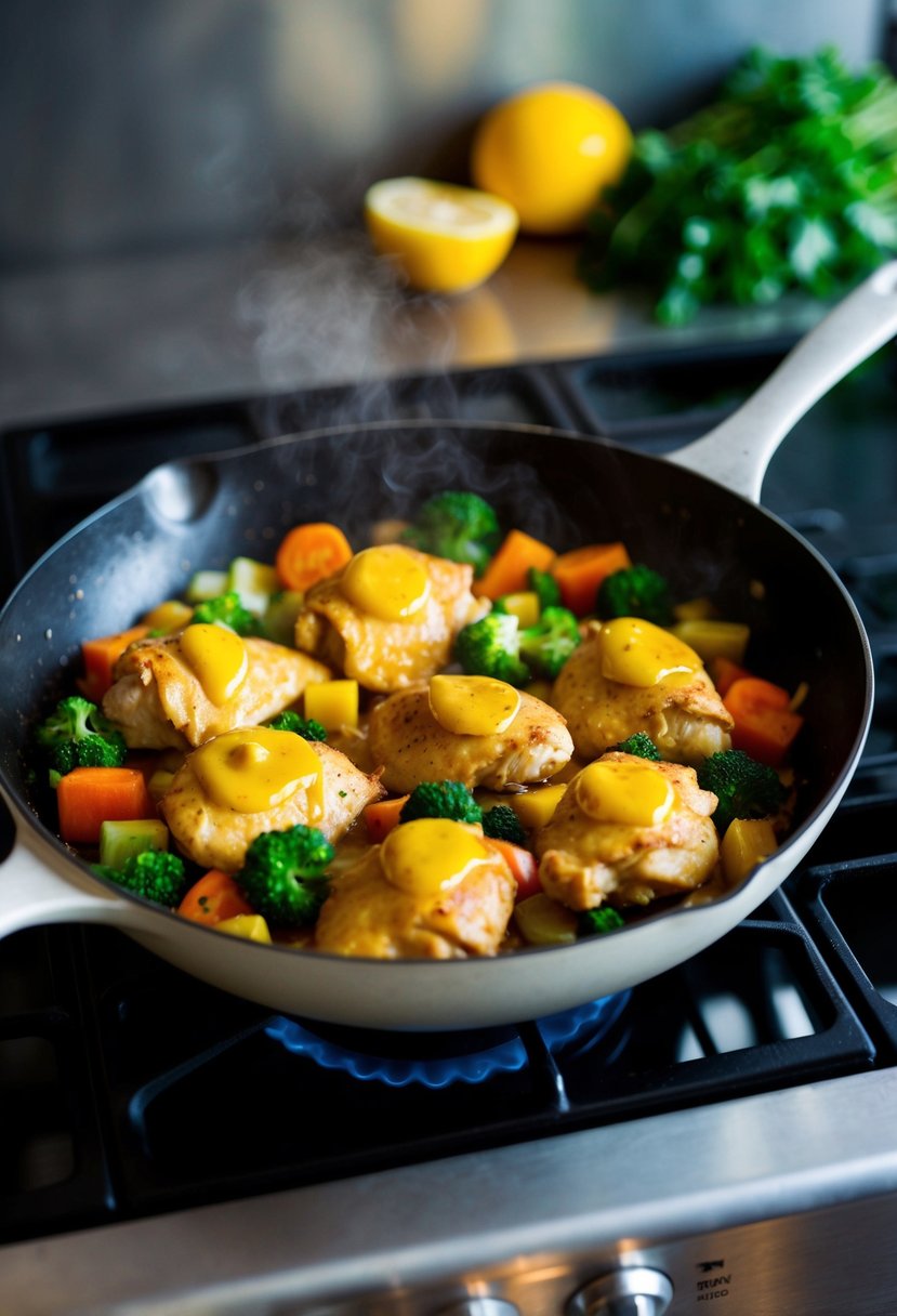 A skillet sizzling on a stovetop, filled with juicy honey mustard chicken and colorful vegetables cooking together