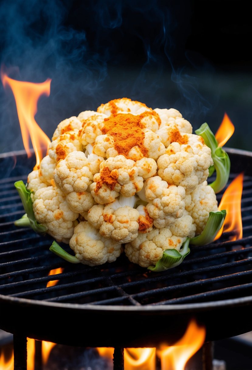 A whole head of cauliflower marinated in tandoori spices, placed on a grill, with flames licking the edges