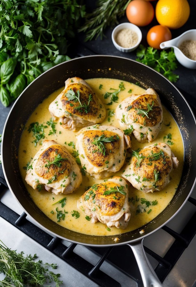 A skillet on a stovetop with creamy Tuscan chicken cooking, surrounded by fresh herbs and ingredients