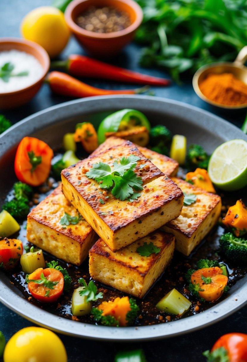 A sizzling plate of tandoori masala tofu surrounded by vibrant, colorful vegetables and aromatic spices