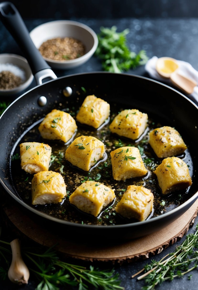 A skillet sizzling with bite-sized chicken pieces coated in garlic butter, surrounded by fresh herbs and spices