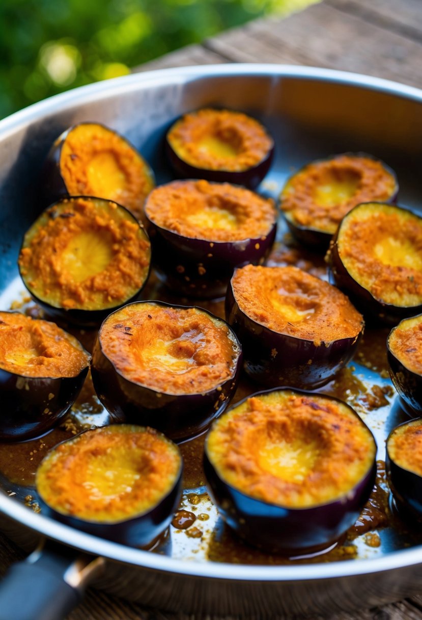 Eggplant halves marinating in a vibrant red tandoori sauce, ready for grilling