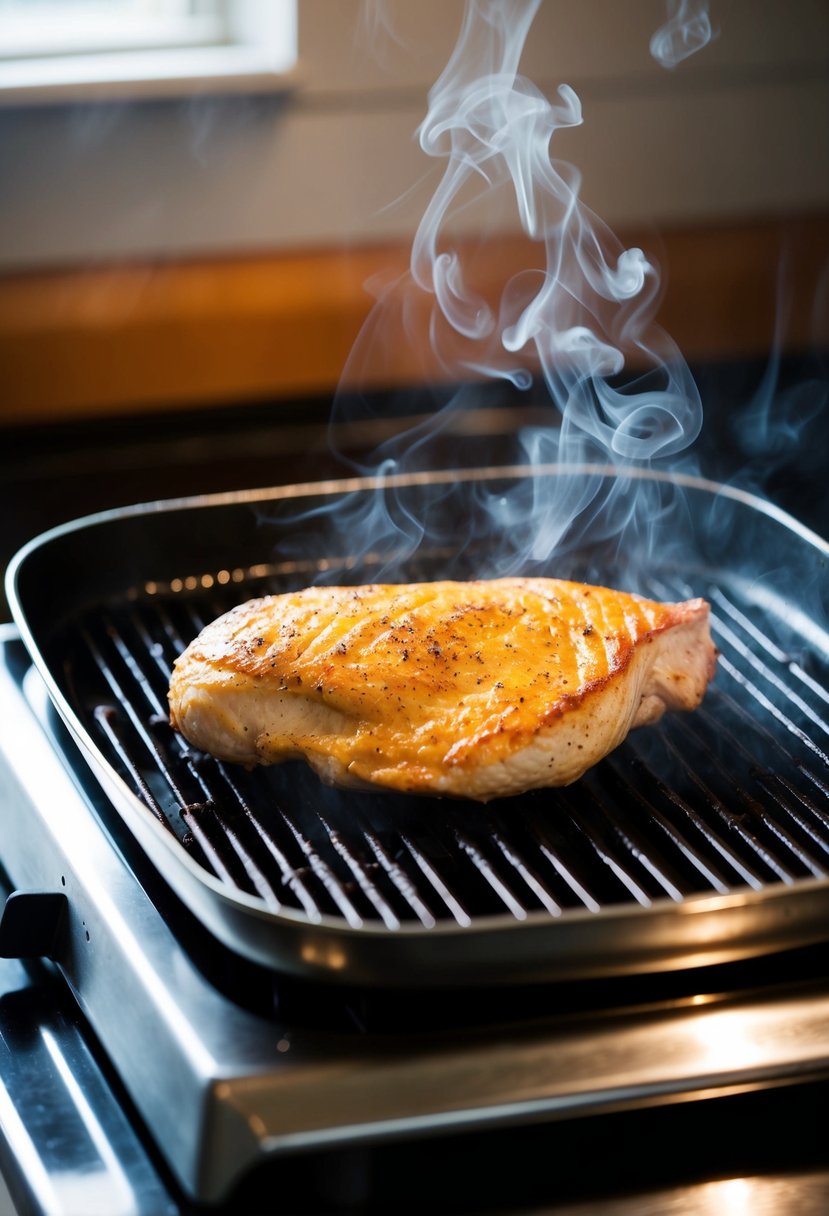 A sizzling chicken breast cooking on a stovetop grill, with smoke rising and the chicken turning golden brown