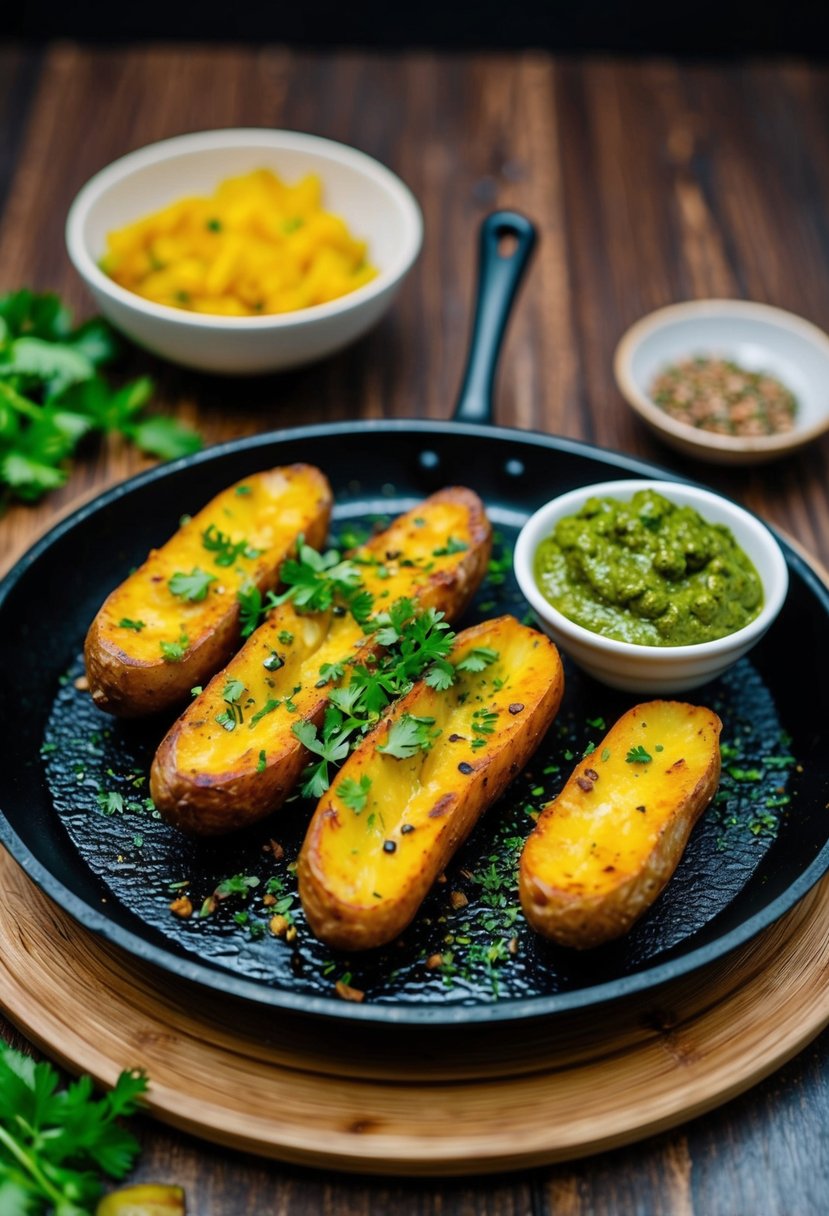 A sizzling plate of tandoori potatoes with a side of vibrant green chutney, garnished with fresh herbs and spices