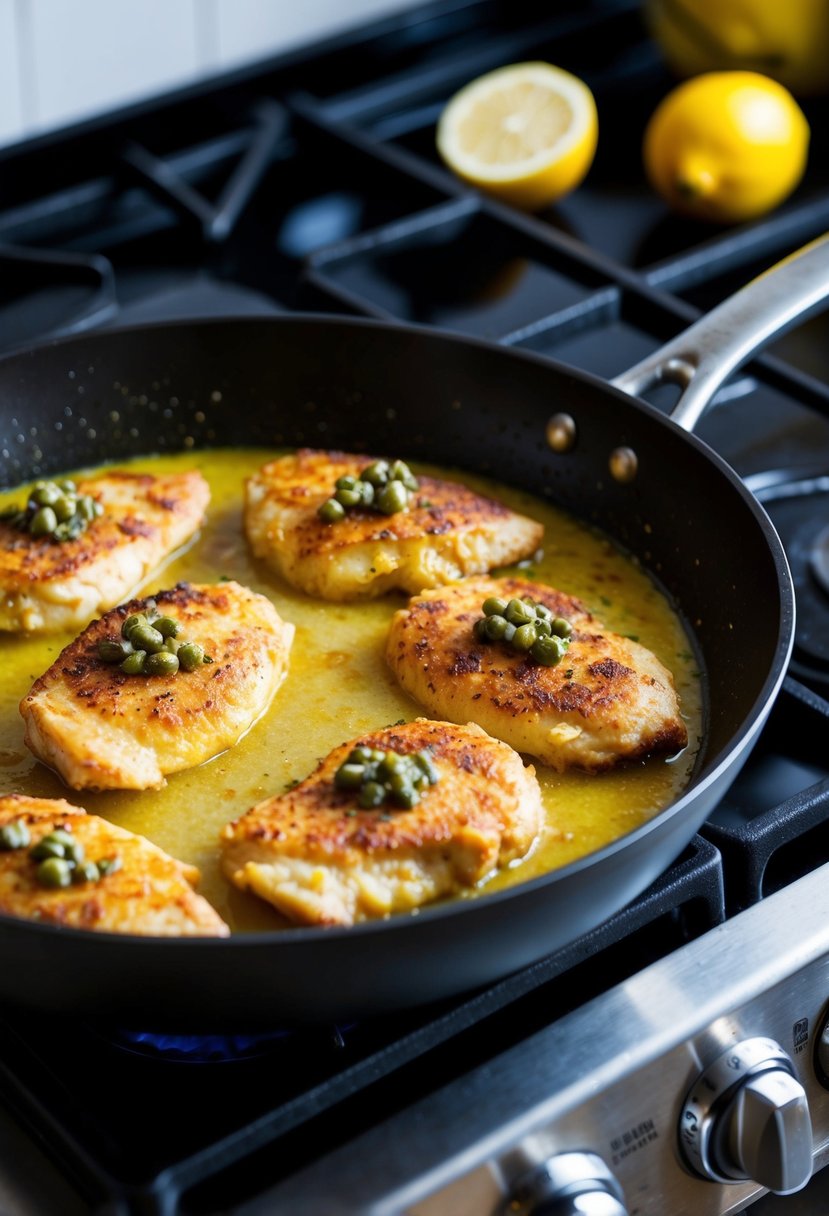 A skillet sizzling with golden brown chicken cutlets, simmering in a tangy lemon and caper sauce on a stovetop