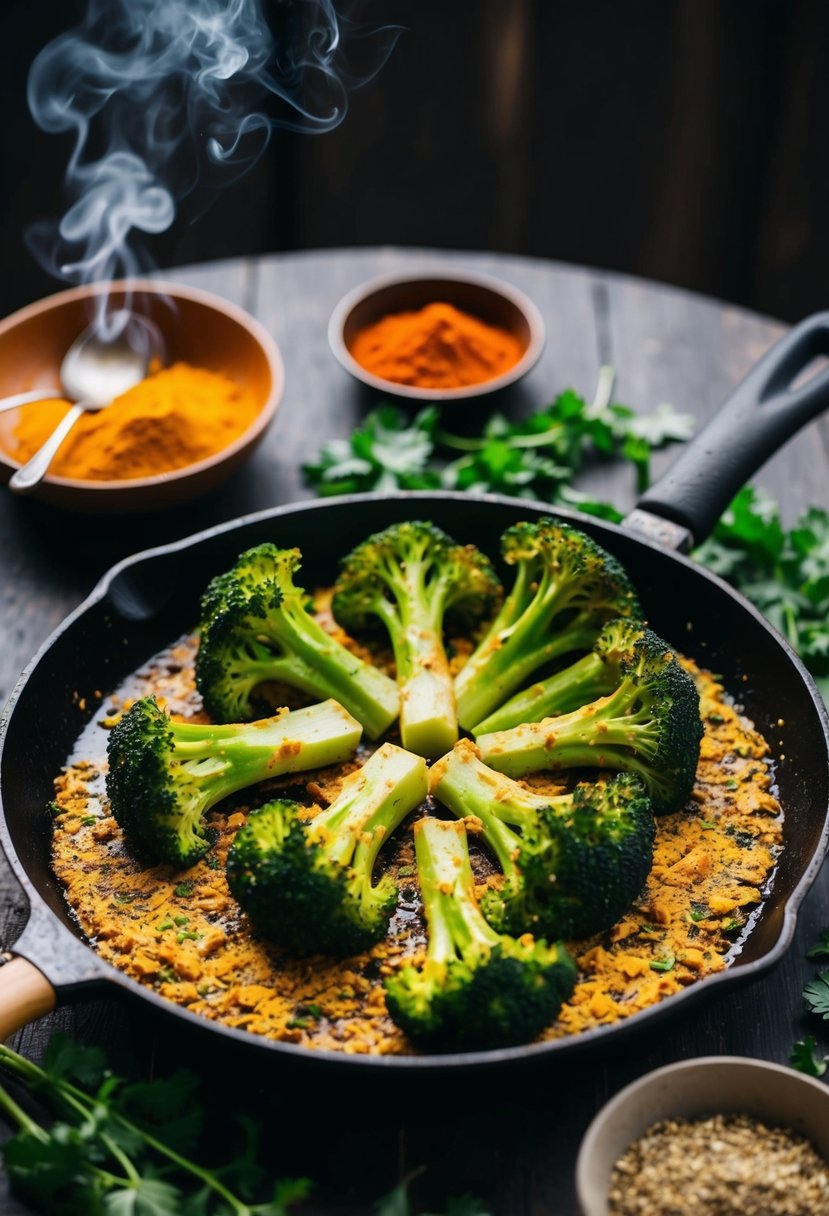 A sizzling skillet of tandoori broccoli surrounded by vibrant spices and herbs, with a hint of smoke rising from the grill