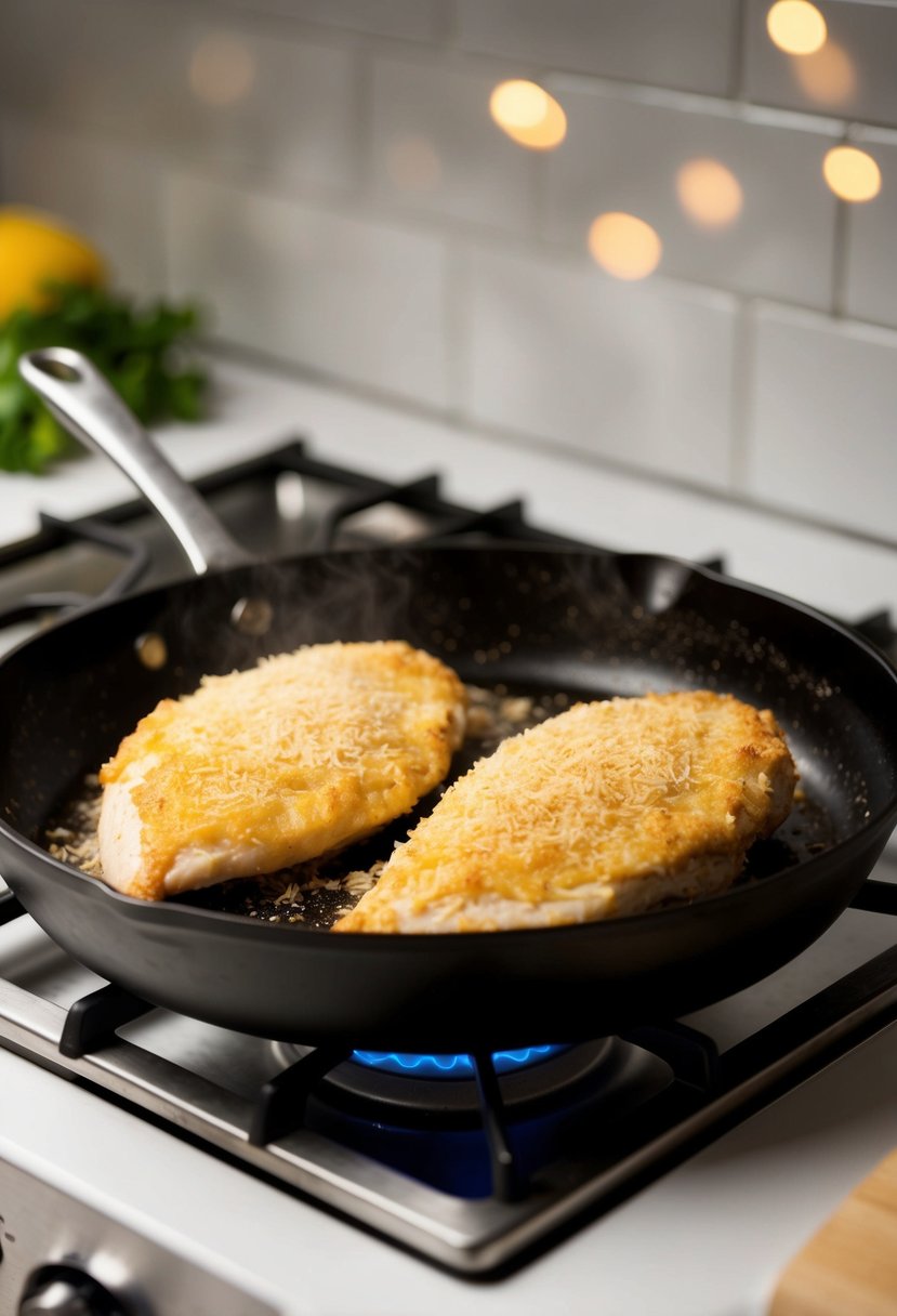 Two golden parmesan crusted chicken breasts sizzling in a skillet on the stovetop