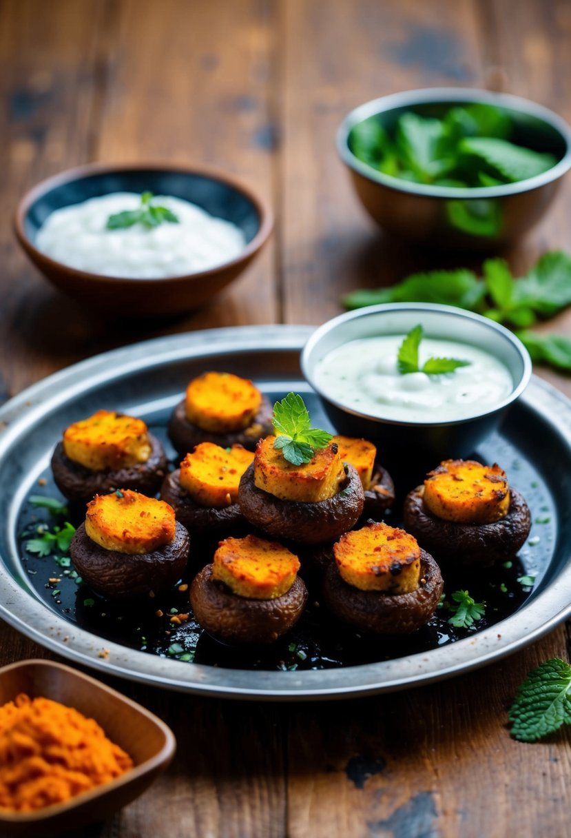 A platter of sizzling tandoori mushroom bites, with vibrant red and yellow spices, served with a side of cooling mint yogurt sauce