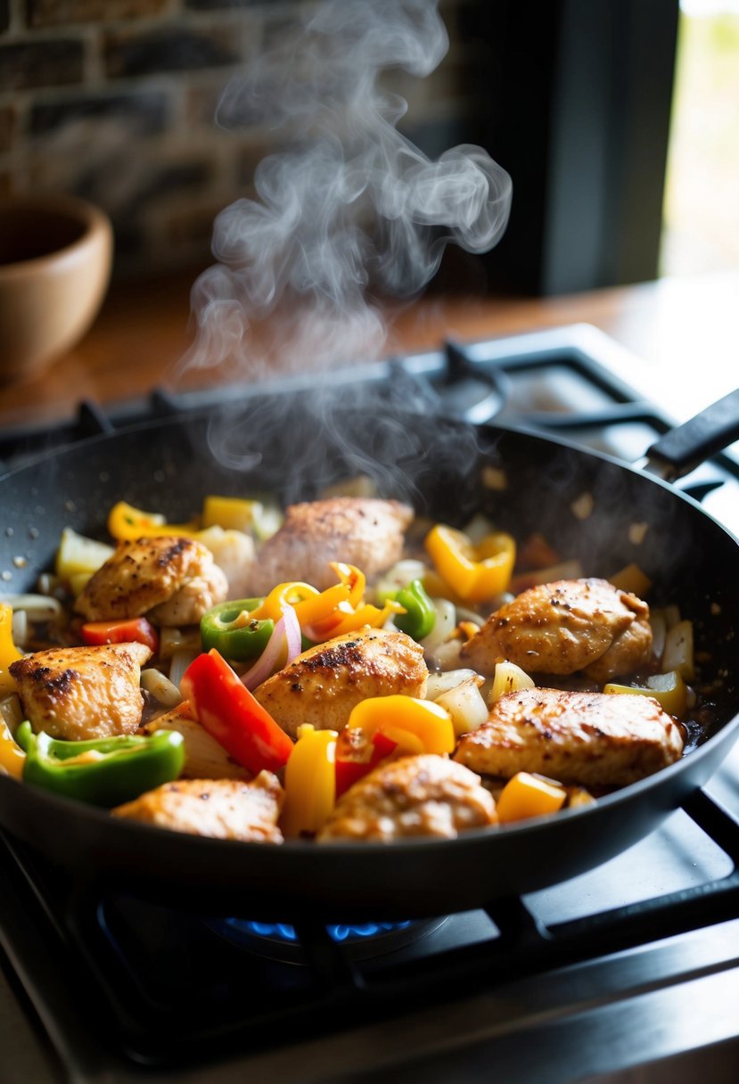 A sizzling skillet with chicken, bell peppers, and onions cooking on a stovetop. Steam rises as the ingredients are being sautéed together