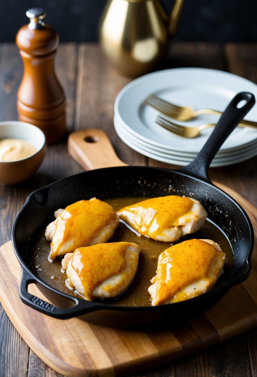 A skillet sizzling with chicken breasts coated in a rich, golden maple dijon glaze