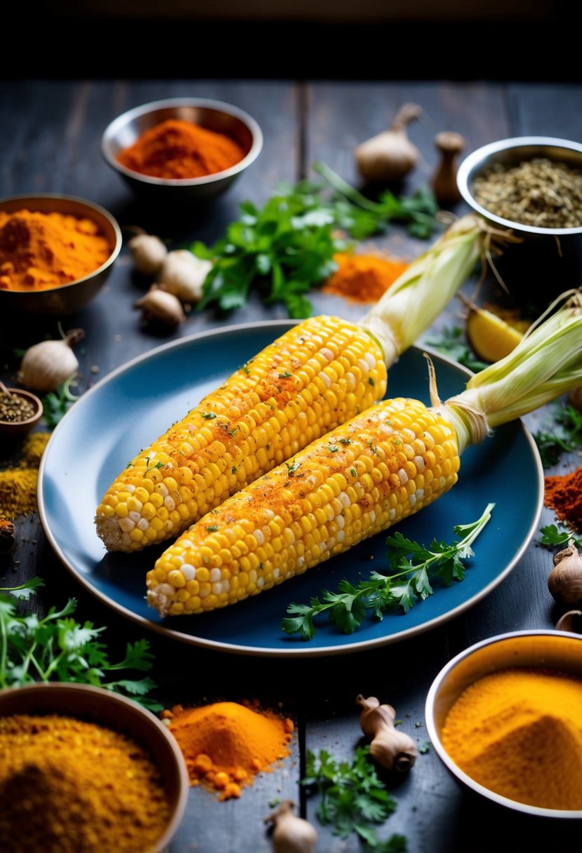 A plate of tandoori spiced corn on the cob surrounded by vibrant, aromatic spices and herbs