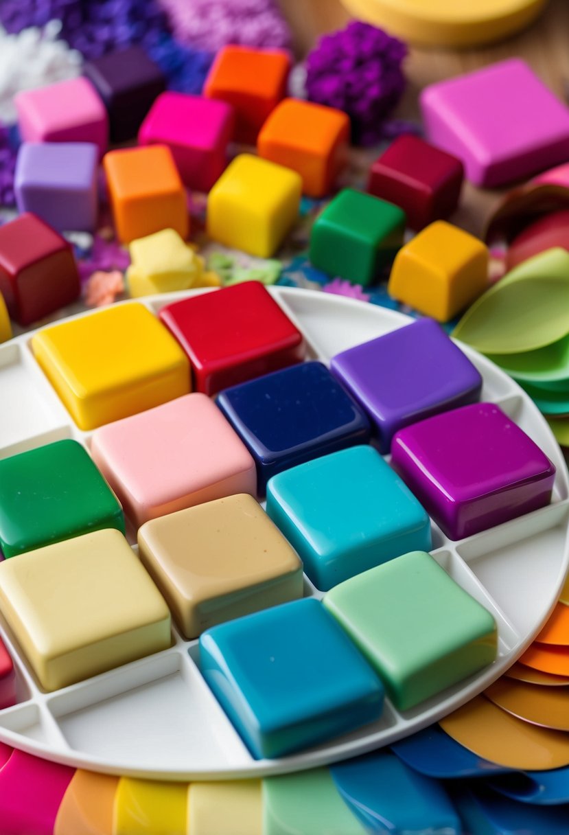 Vibrant polymer clay blocks arranged in a color mixing palette, showcasing various shades and textures