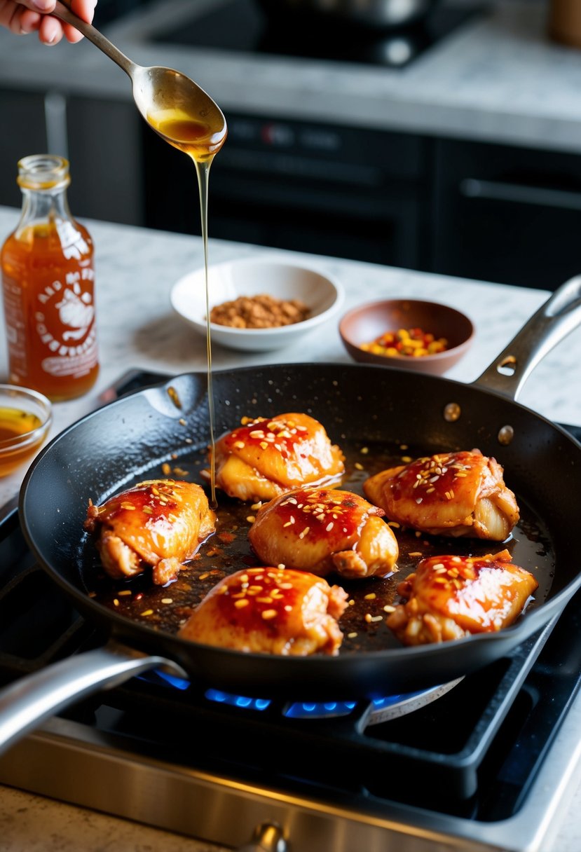 A sizzling skillet with honey sriracha glazed chicken cooking on a stovetop. Honey drizzle and red pepper flakes nearby