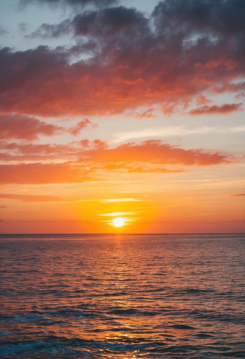 A vibrant sunset over a tranquil ocean, blending shades of coral and gold, casting a warm glow on the water's surface