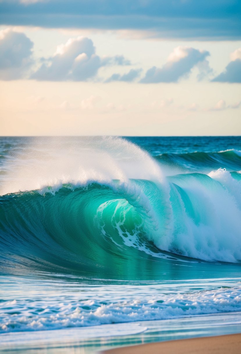 A serene ocean wave crashing onto a sandy beach, with shades of turquoise blending into the foamy white water