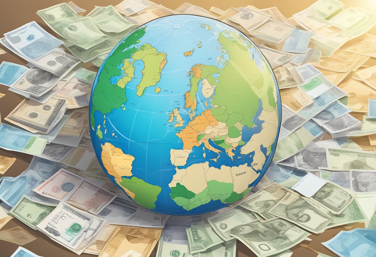 A globe with a highlighted location in Eastern Europe, surrounded by various currencies and business documents