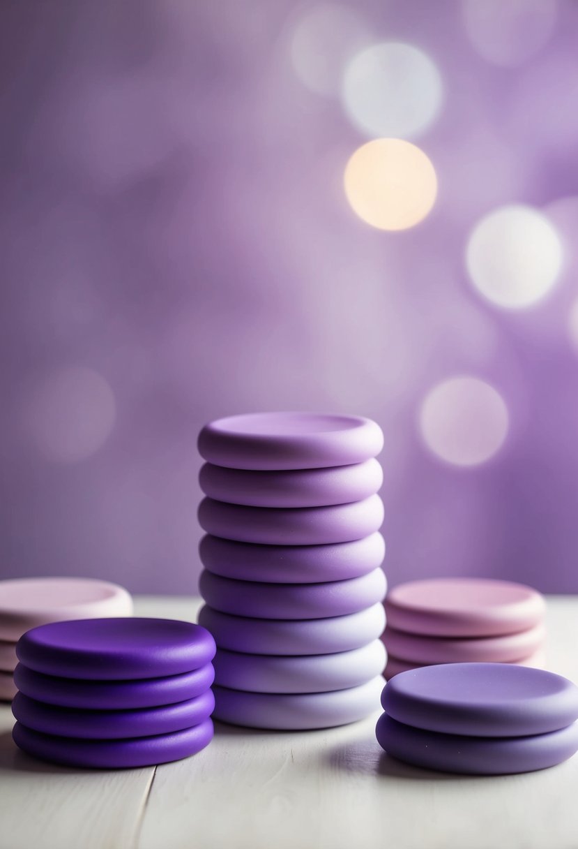 A table with various shades of purple polymer clay stacked neatly, with a misty lavender hue blending into a soft gradient