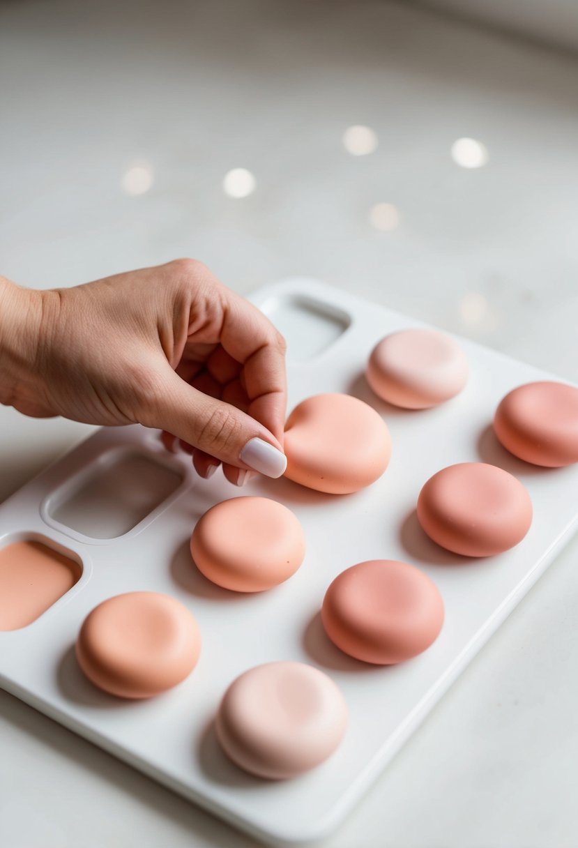 A palette of peachy blush polymer clay colors being mixed together on a clean white surface