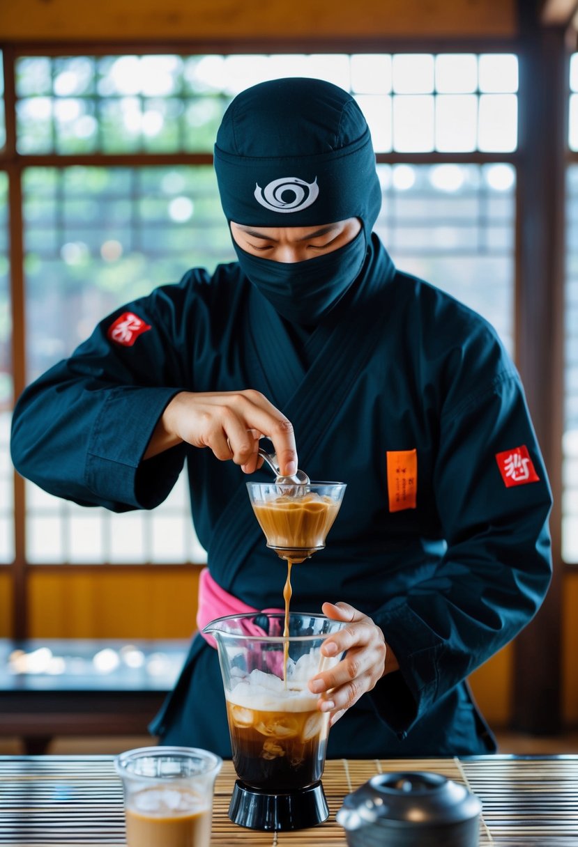 A ninja gracefully prepares an ice coffee, blending ingredients with precision and focus in a traditional Japanese teahouse