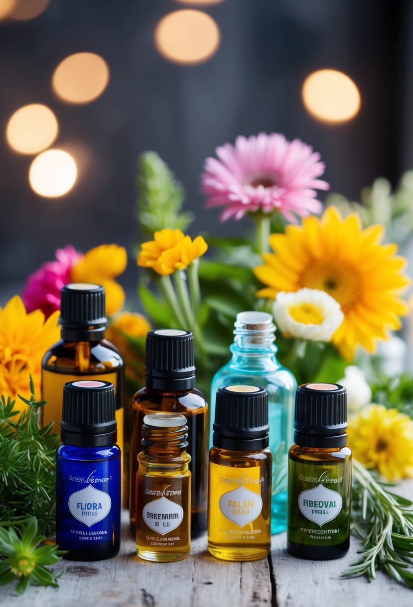 A collection of colorful glass bottles filled with various floral essential oil blends, surrounded by fresh flowers and herbs