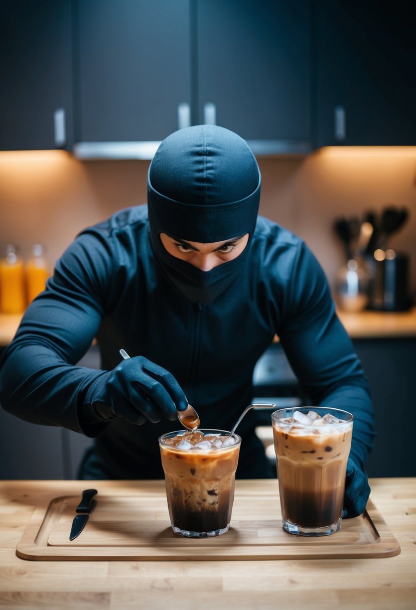 A ninja stealthily preparing a cold brew mocha ice coffee in a dimly lit kitchen