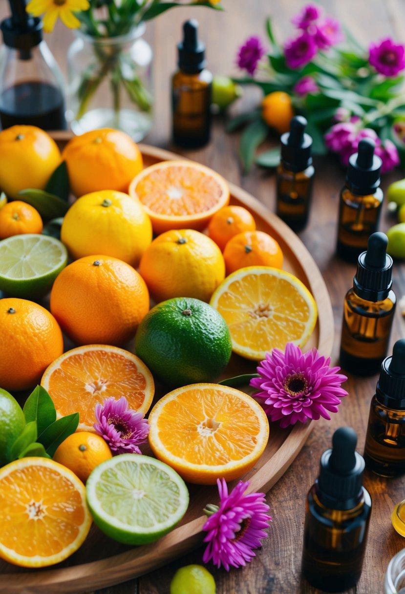 A colorful array of citrus fruits and blooming flowers arranged on a wooden table, surrounded by glass bottles and essential oil droppers