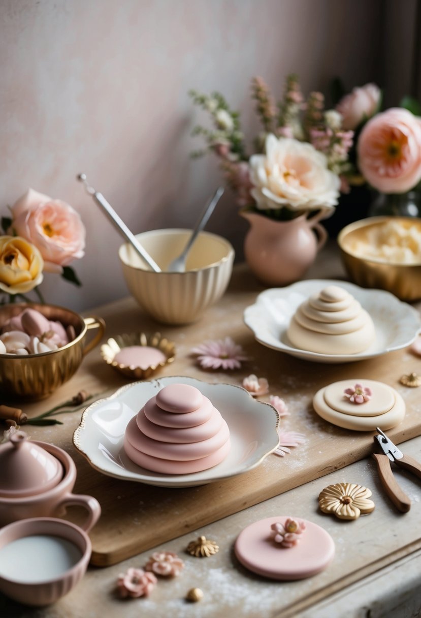 A vintage-inspired worktable with polymer clay in shades of rose, cream, and gold, surrounded by mixing tools and floral motifs