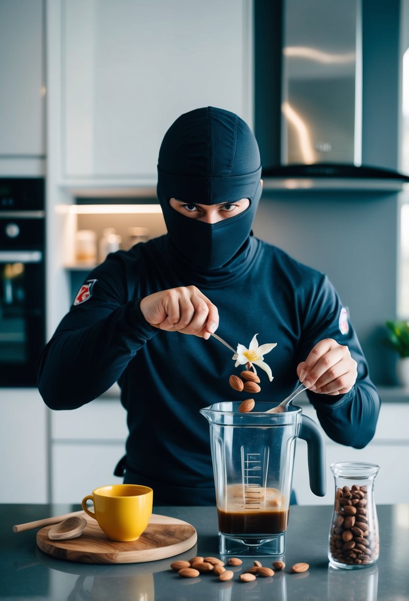 A ninja blending vanilla, almonds, and coffee in a sleek, modern kitchen