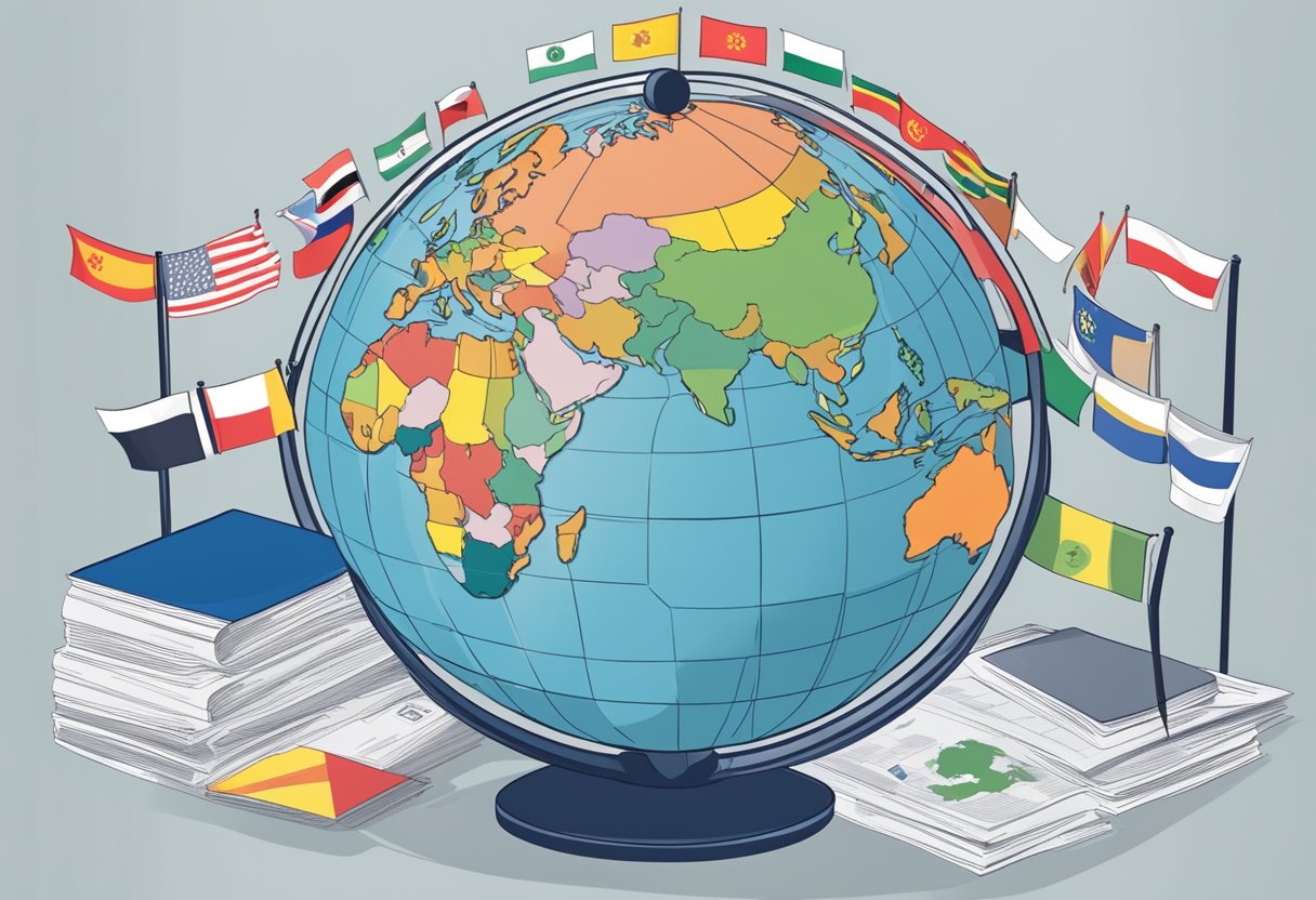 A globe with legal documents surrounding it, flags of different countries, and a scale representing the regulatory challenges faced by 1xBet