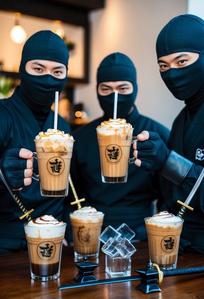 A ninja-themed coffee shop with iced caramel macchiatos served by stealthy, masked baristas amidst shuriken-shaped ice cubes and samurai sword stirrers