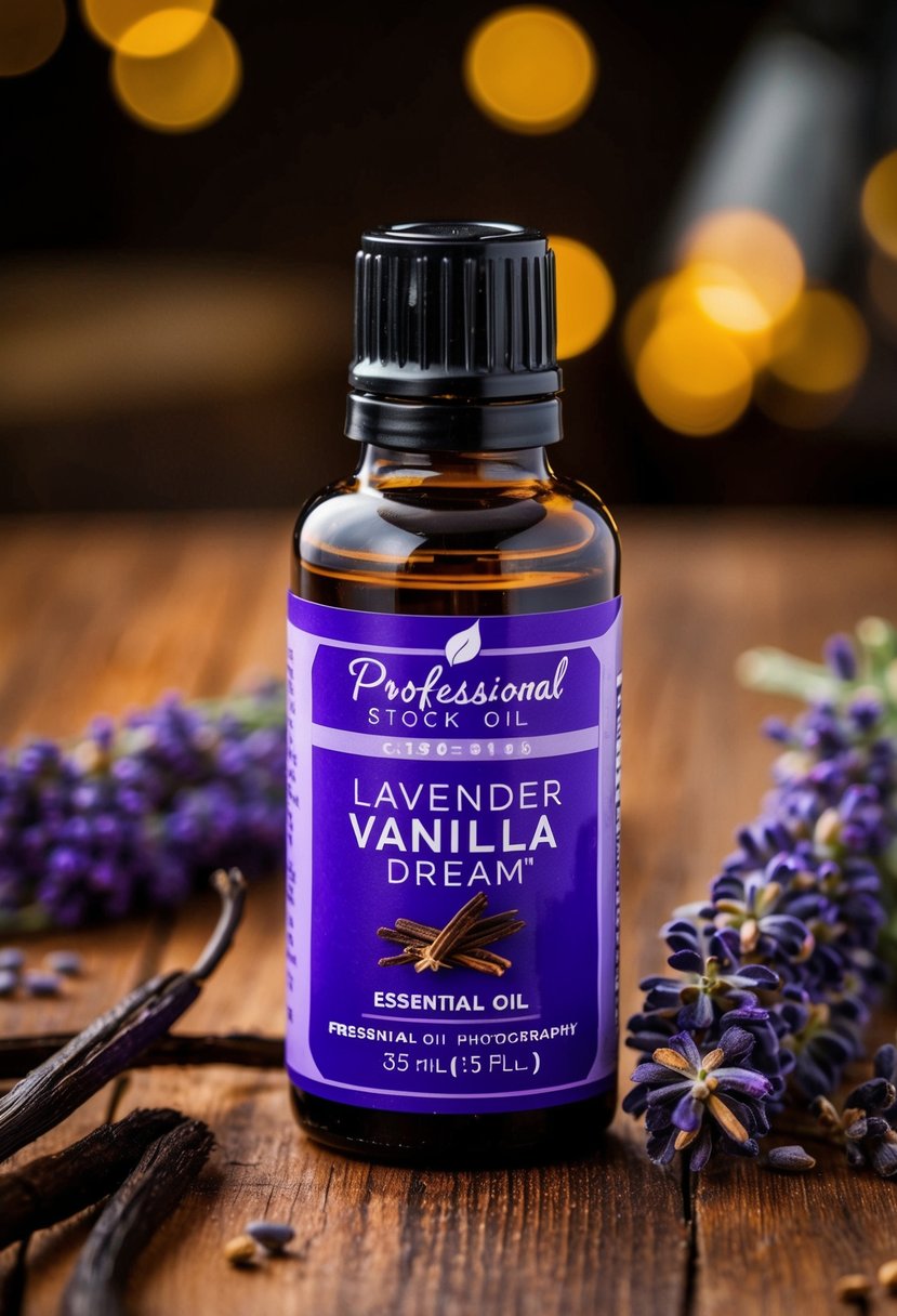 A glass bottle of Lavender Vanilla Dream essential oil sits on a wooden table surrounded by fresh lavender and vanilla pods