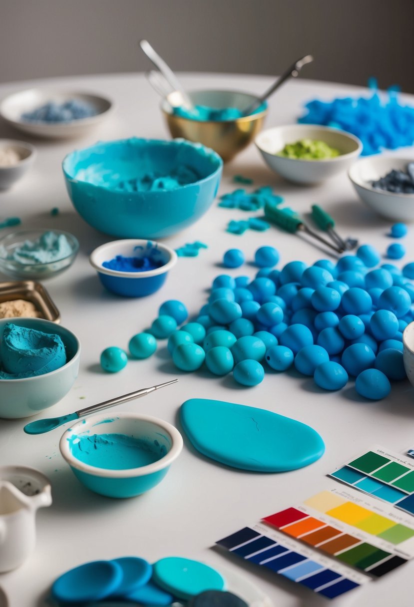 A table scattered with various shades of blue polymer clay, mixing tools, and color swatches